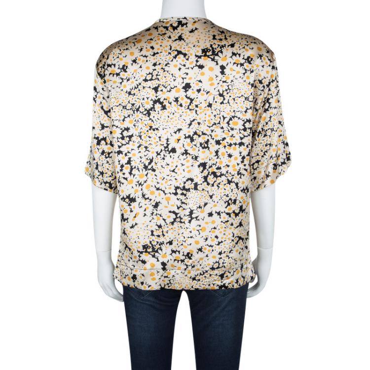 Pre Owned Celine Multicolor Floral Printed Silk Contrast Pocket Detail Top M