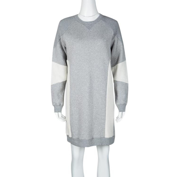 Pre Owned Celine Grey Knit Contrast Fleece Panel Detail Crew Neck Sweatshirt Dress M