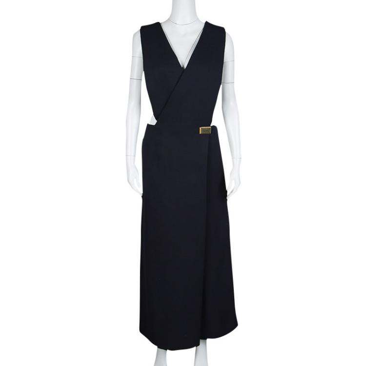 Pre Owned Celine Navy Blue Wool Blend Wrap Front Jumpsuit S