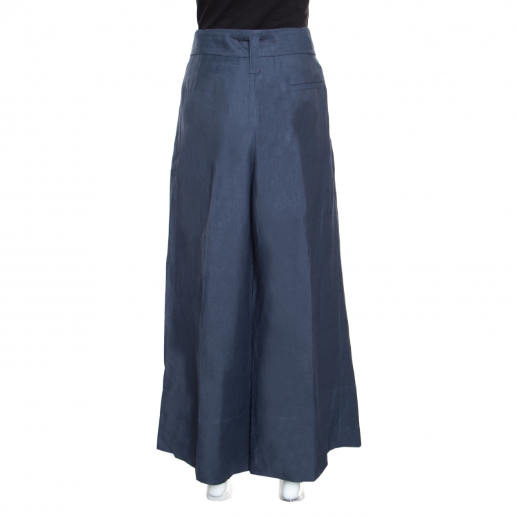 Pre Owned Celine Blue Linen High Waist Belted Flared Culottes L