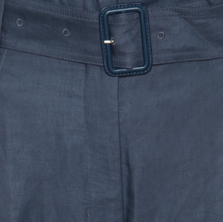 Pre Owned Celine Blue Linen High Waist Belted Flared Culottes L