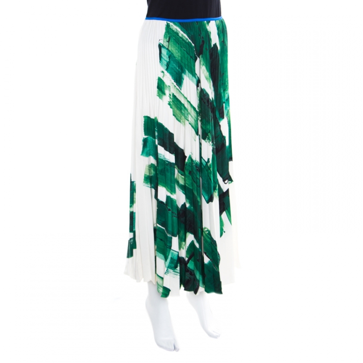 Pre Owned Celine Cream and Green Brushstroke Printed Silk Plisse Midi Skirt M