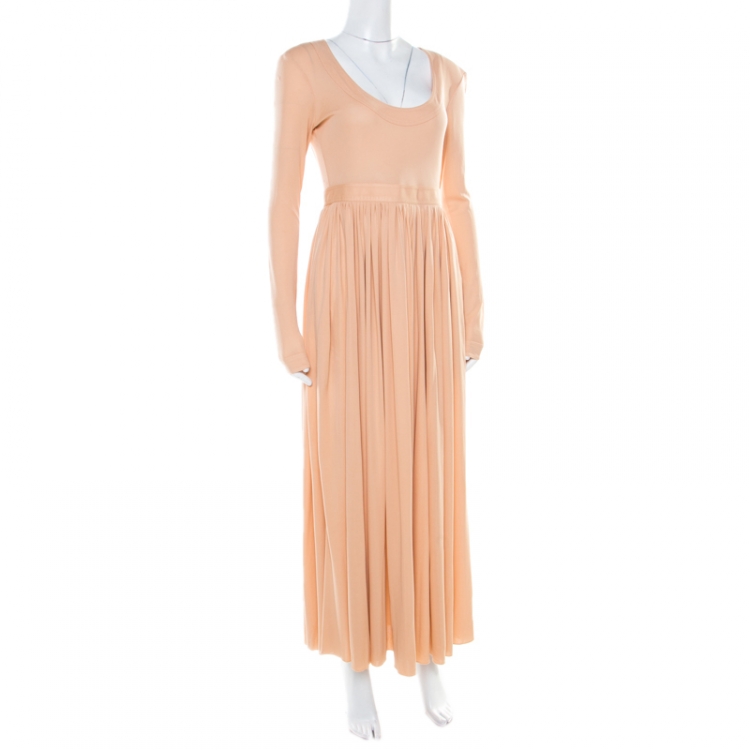 Pre Owned Celine Peach Stretch Knit Tie Up Detail Gathered Empire Maxi Dress M