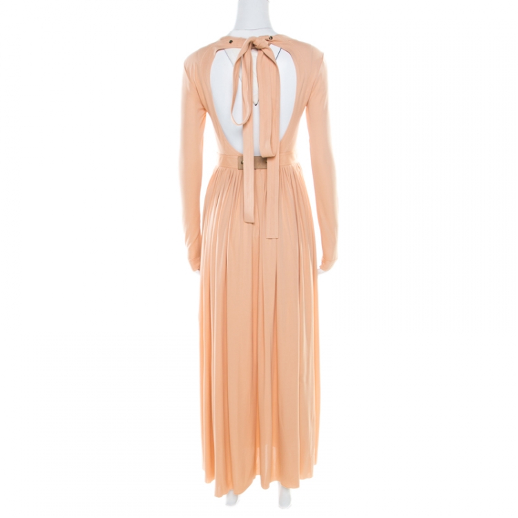 Pre Owned Celine Peach Stretch Knit Tie Up Detail Gathered Empire Maxi Dress M