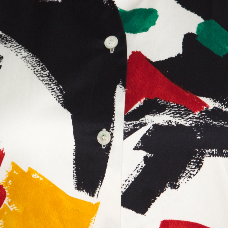 Pre Owned Celine White Cotton Multicolor Brush Stroke Print Short Sleeve Shirt S