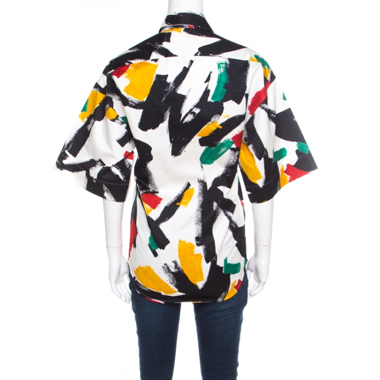 Pre Owned Celine White Cotton Multicolor Brush Stroke Print Short Sleeve Shirt S