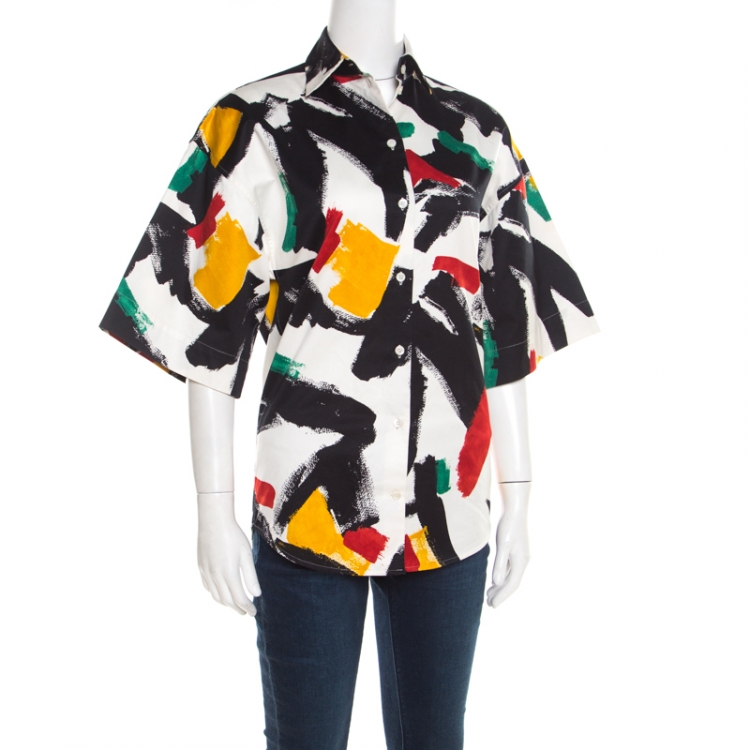Pre Owned Celine White Cotton Multicolor Brush Stroke Print Short Sleeve Shirt S