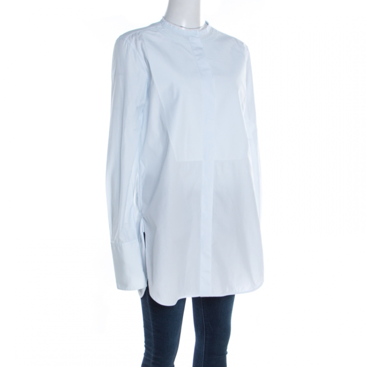 Pre Owned Celine Light Blue Cotton Band Collar Oversized Masculine Tuxedo Shirt M
