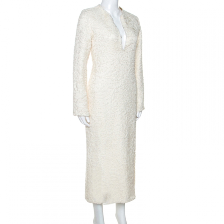Pre Owned Celine Cream Wool  Blend V Neck Midi Dress L