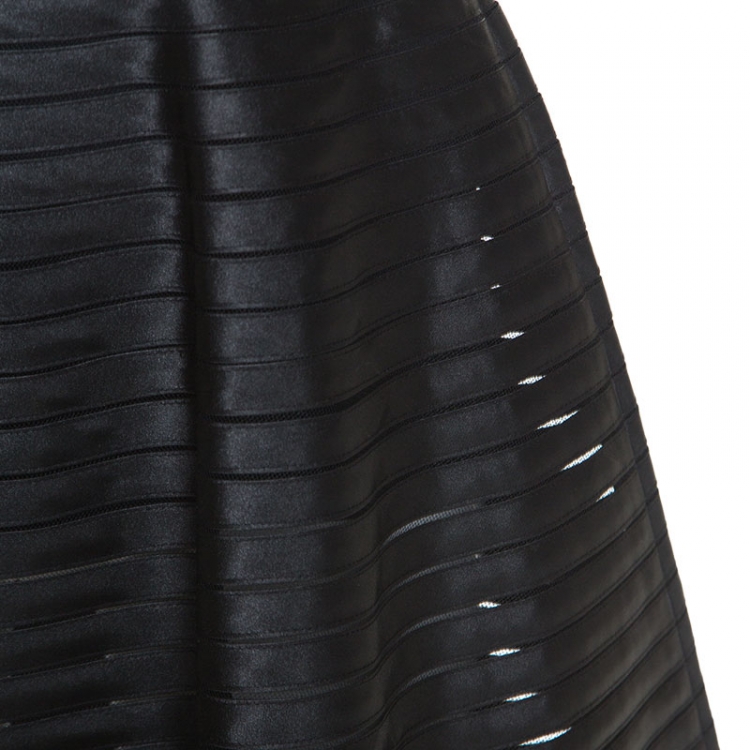 Pre Owned Celine Black Ribbon Striped Satin and Sheer Flared Midi Skirt S