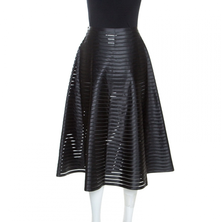 Pre Owned Celine Black Ribbon Striped Satin and Sheer Flared Midi Skirt S