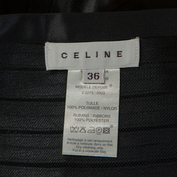 Pre Owned Celine Black Ribbon Striped Satin and Sheer Flared Midi Skirt S
