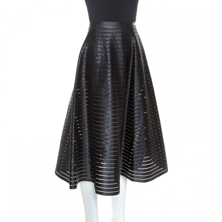 Pre Owned Celine Black Ribbon Striped Satin and Sheer Flared Midi Skirt S