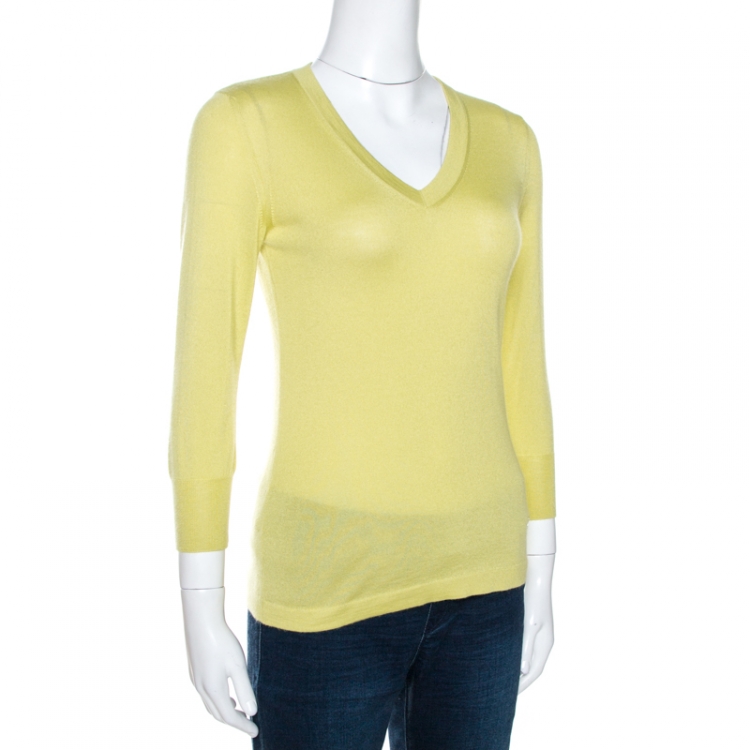 Pre Owned Celine Lime Green Cashmere Silk Long Sleeve Top S