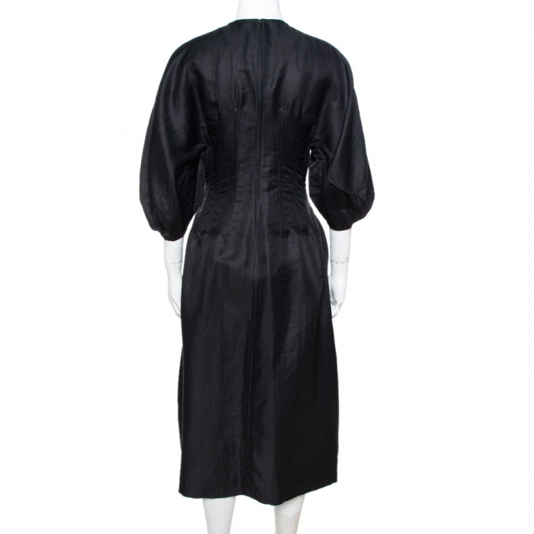 Pre Owned Celine Black Linen Zip Front Balloon Sleeve Dress M