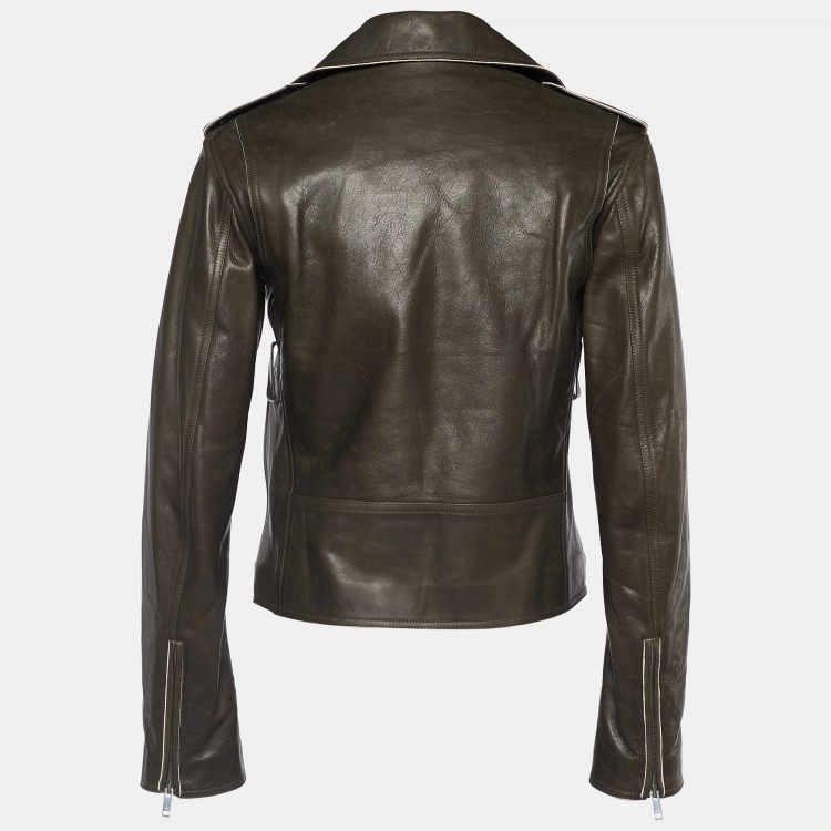 Pre Owned Celine Khaki Green Leather Biker Jacket S