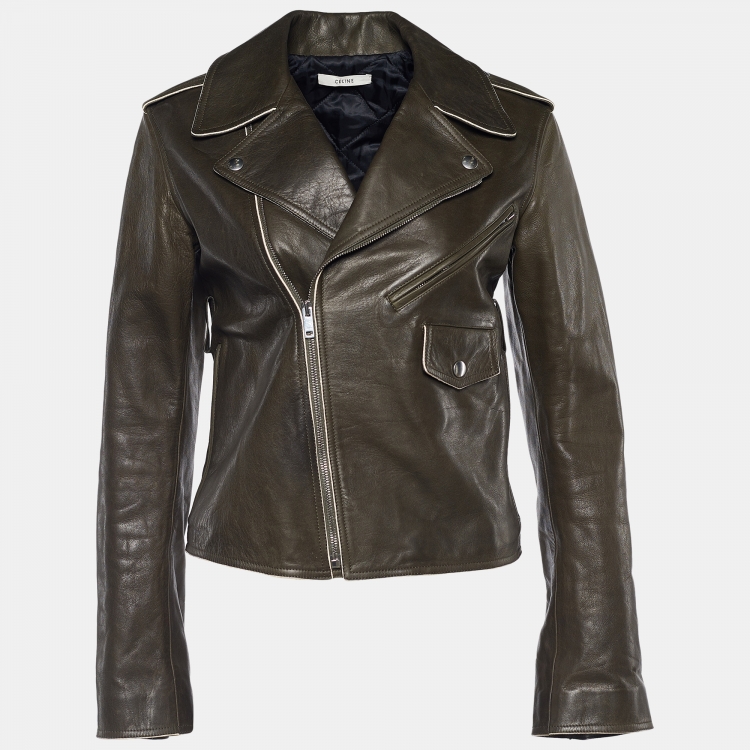 Pre Owned Celine Khaki Green Leather Biker Jacket S