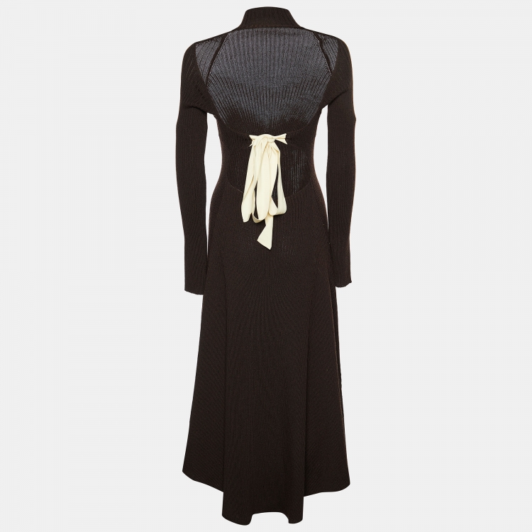 Pre Owned Celine Brown Wool Knit Open Back High Neck Midi Dress L