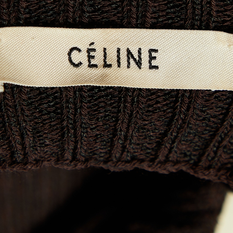 Pre Owned Celine Brown Wool Knit Open Back High Neck Midi Dress L