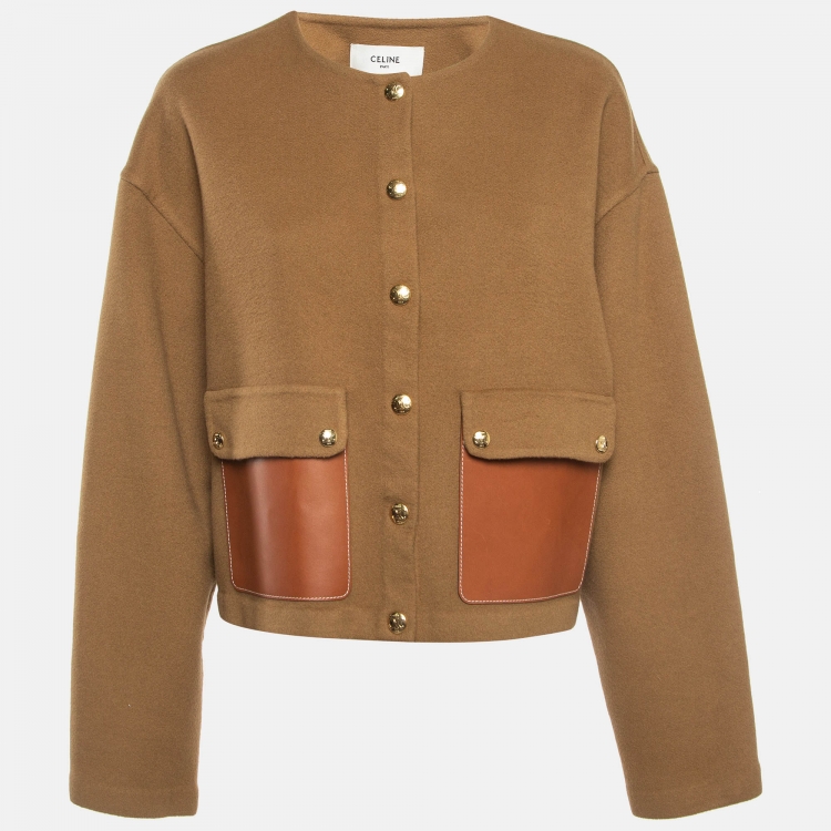 Pre Owned Celine Brown Cashmere Leather Pocket Detail Cardigan M