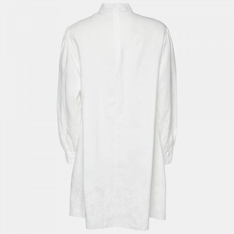 Pre Owned Celine White Cotton & Linen Embroidered Shift Dress M