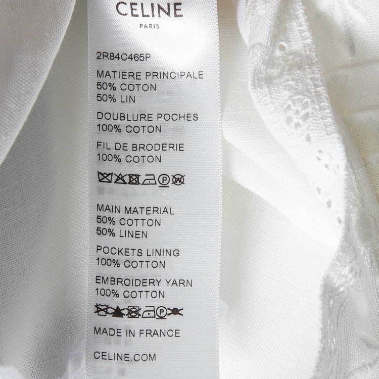 Pre Owned Celine White Cotton & Linen Embroidered Shift Dress M