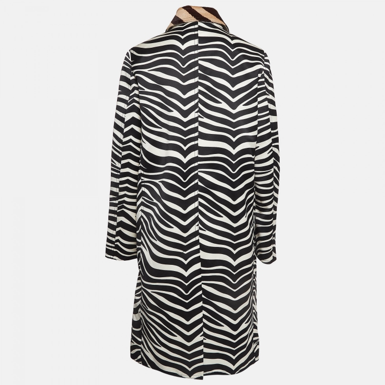 Pre Owned Celine White & Black Zebra Print Collar Detailed Coat M