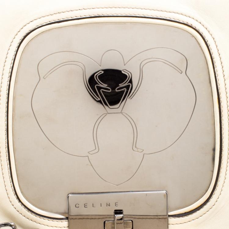 Pre Owned Celine Off White Leather Metal Panel Flap Shoulder Bag