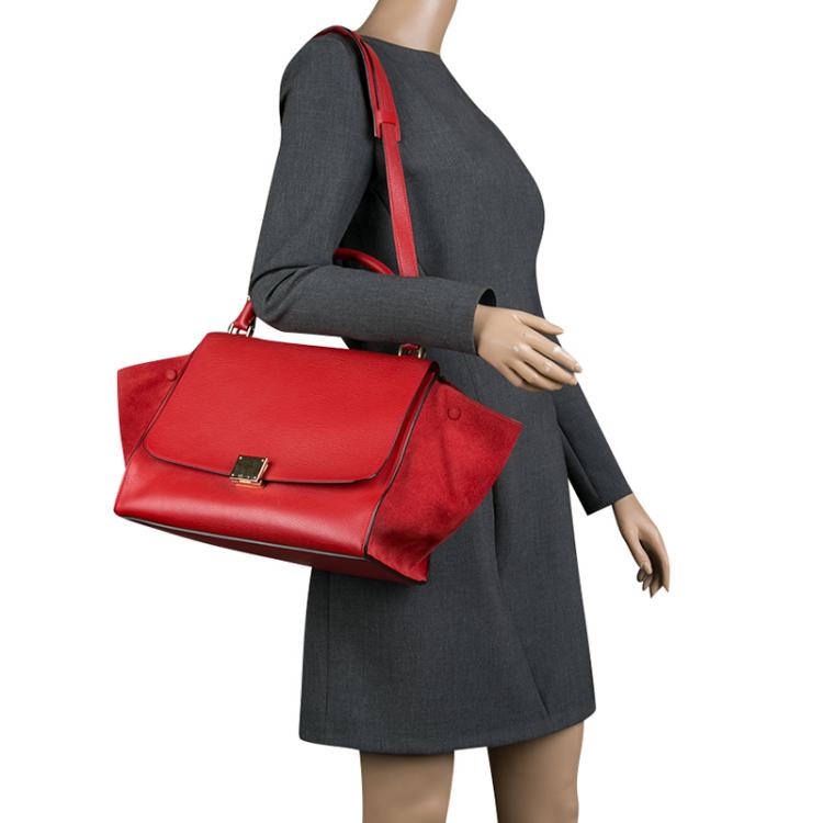 Pre Owned Celine Red Leather and Suede Medium Trapeze Bag