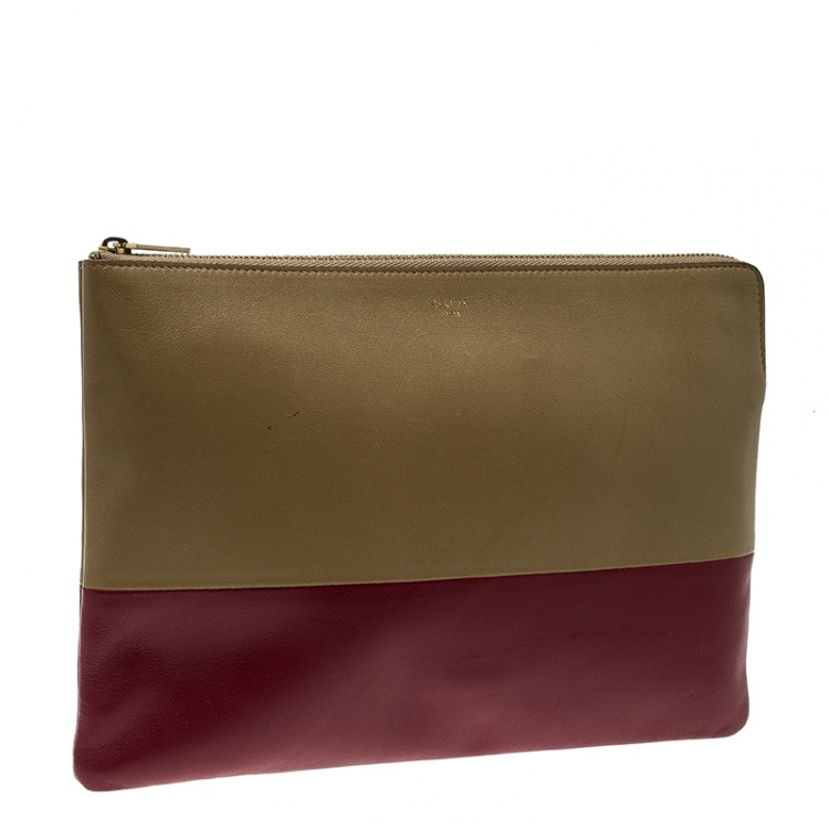 Pre Owned Celine Dark Beige/Red Leather Solo Clutch Pouch