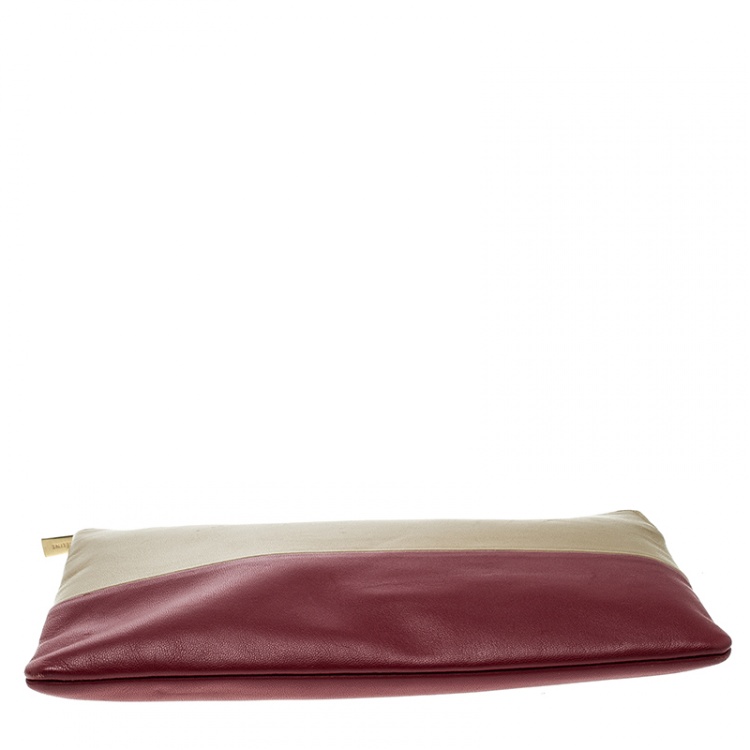 Pre Owned Celine Dark Beige/Red Leather Solo Clutch Pouch