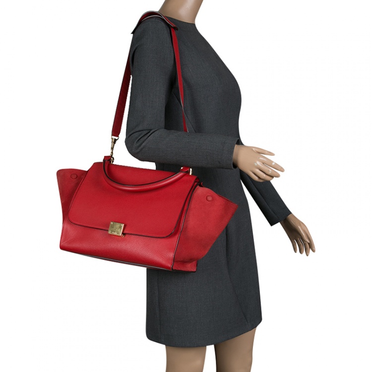 Pre Owned Celine Red Leather and Suede Medium Trapeze Bag
