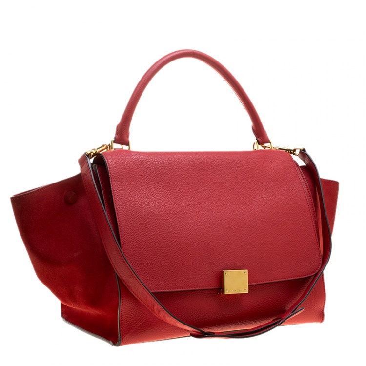 Pre Owned Celine Red Leather and Suede Medium Trapeze Bag