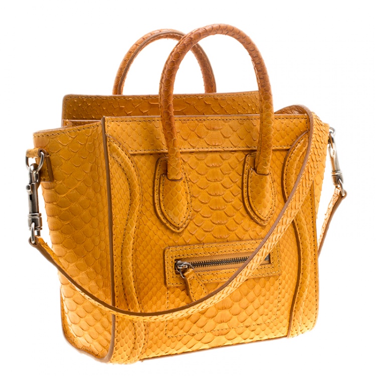 Pre Owned Celine Mustard Yellow Python Nano Luggage Tote