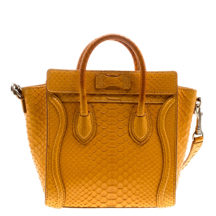 Pre Owned Celine Mustard Yellow Python Nano Luggage Tote