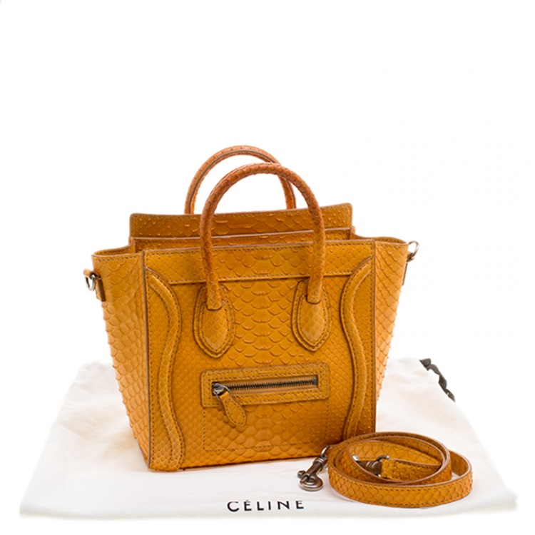 Pre Owned Celine Mustard Yellow Python Nano Luggage Tote