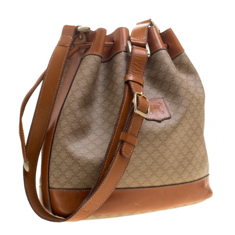 Pre Owned Celine Beige/Cognac Macadam Coated Canvas and Leather Drawstring Bucket Bag