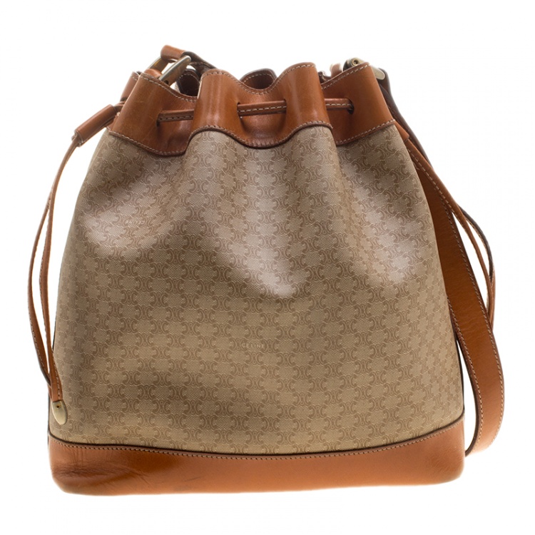 Pre Owned Celine Beige/Cognac Macadam Coated Canvas and Leather Drawstring Bucket Bag