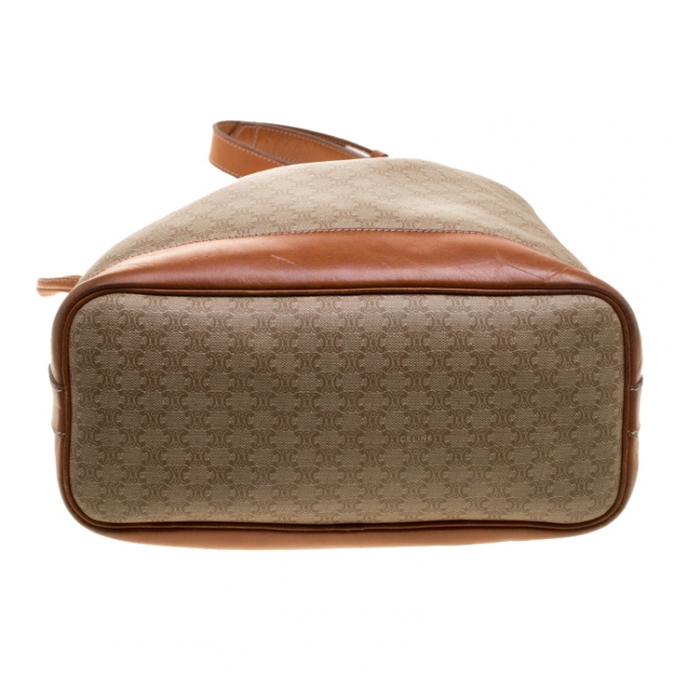 Pre Owned Celine Beige/Cognac Macadam Coated Canvas and Leather Drawstring Bucket Bag