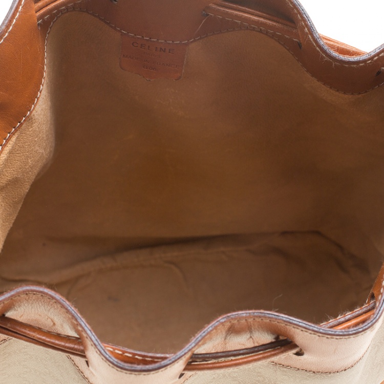 Pre Owned Celine Beige/Cognac Macadam Coated Canvas and Leather Drawstring Bucket Bag