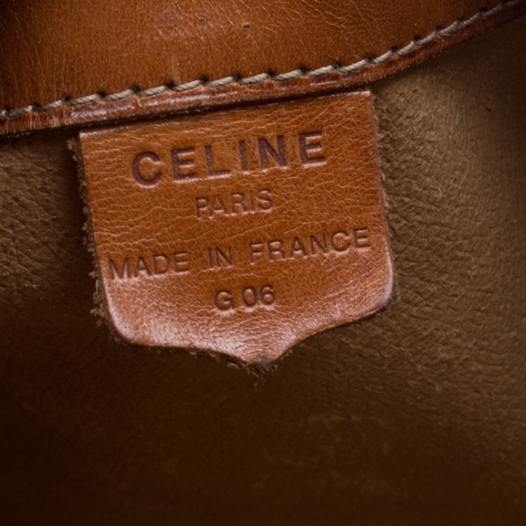 Pre Owned Celine Beige/Cognac Macadam Coated Canvas and Leather Drawstring Bucket Bag