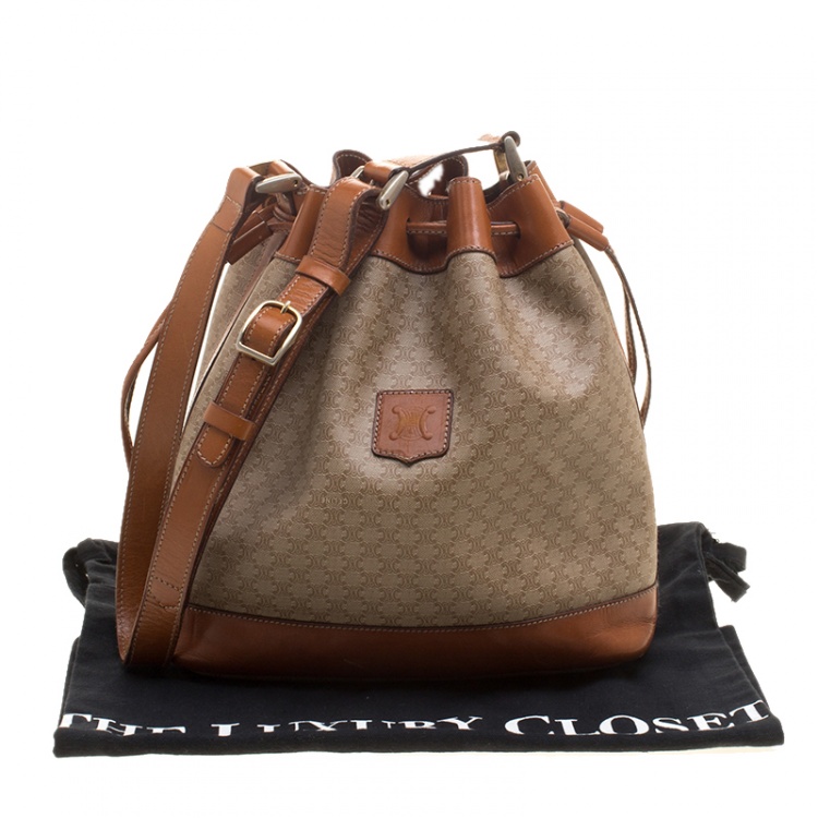 Pre Owned Celine Beige/Cognac Macadam Coated Canvas and Leather Drawstring Bucket Bag