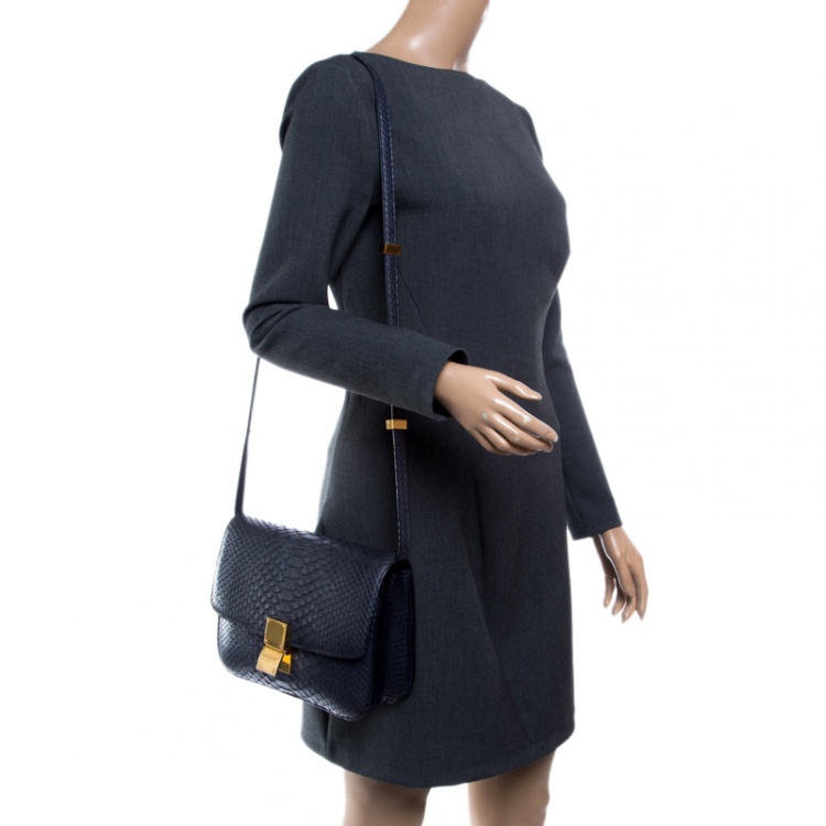 Pre Owned Celine Navy Blue Python Medium Classic Box Shoulder Bag