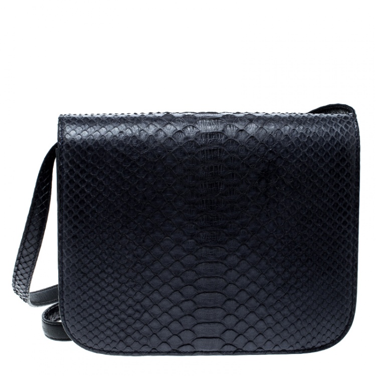 Pre Owned Celine Navy Blue Python Medium Classic Box Shoulder Bag