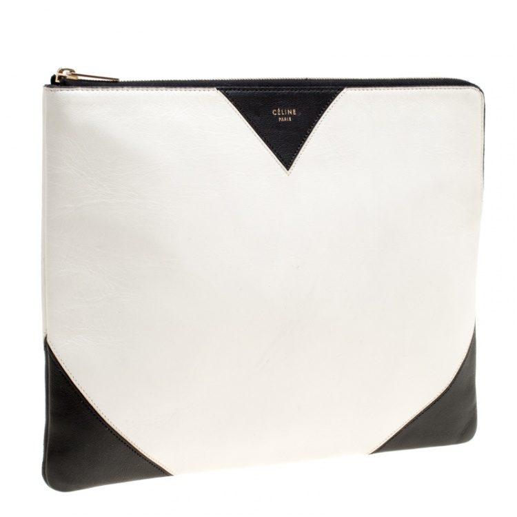 Pre Owned Celine White/Black Leather Large Coeur Clutch