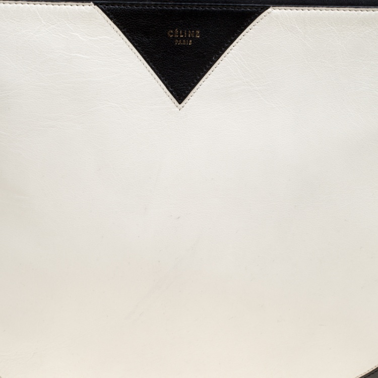 Pre Owned Celine White/Black Leather Large Coeur Clutch