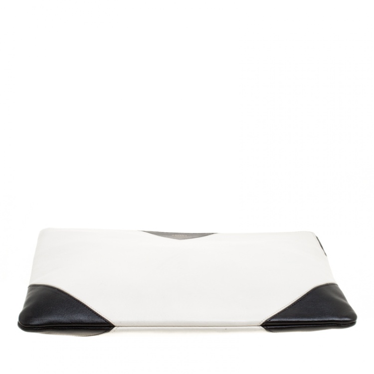 Pre Owned Celine White/Black Leather Large Coeur Clutch