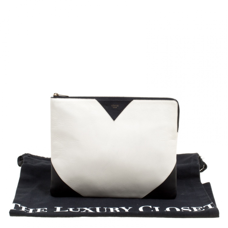 Pre Owned Celine White/Black Leather Large Coeur Clutch