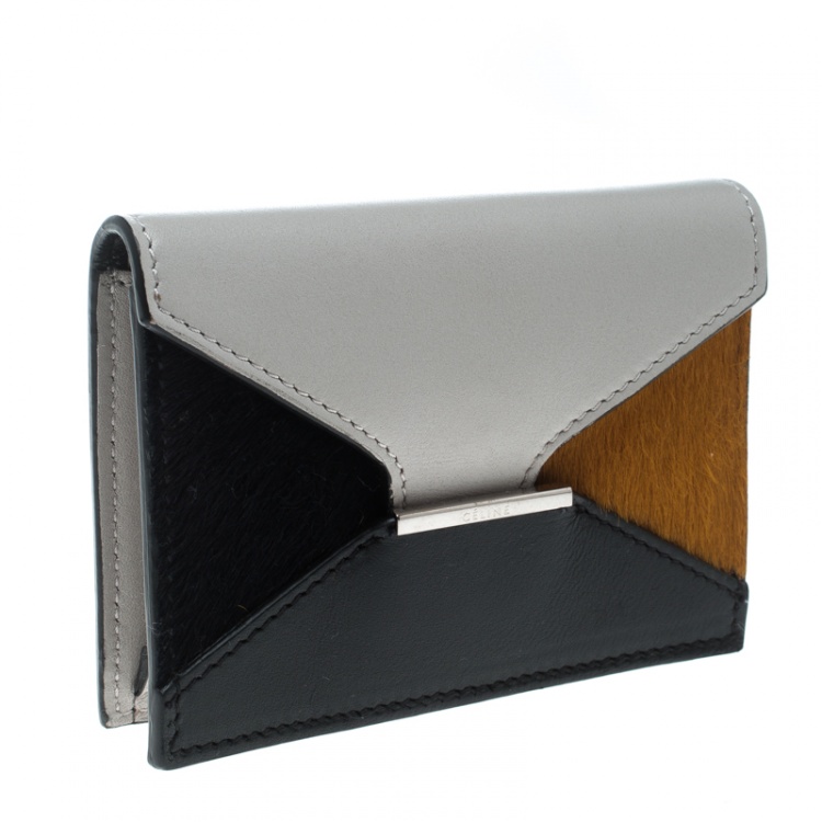 Pre Owned Celine Grey/ Multicolor Leather and Calf Hair Diamond Card Case