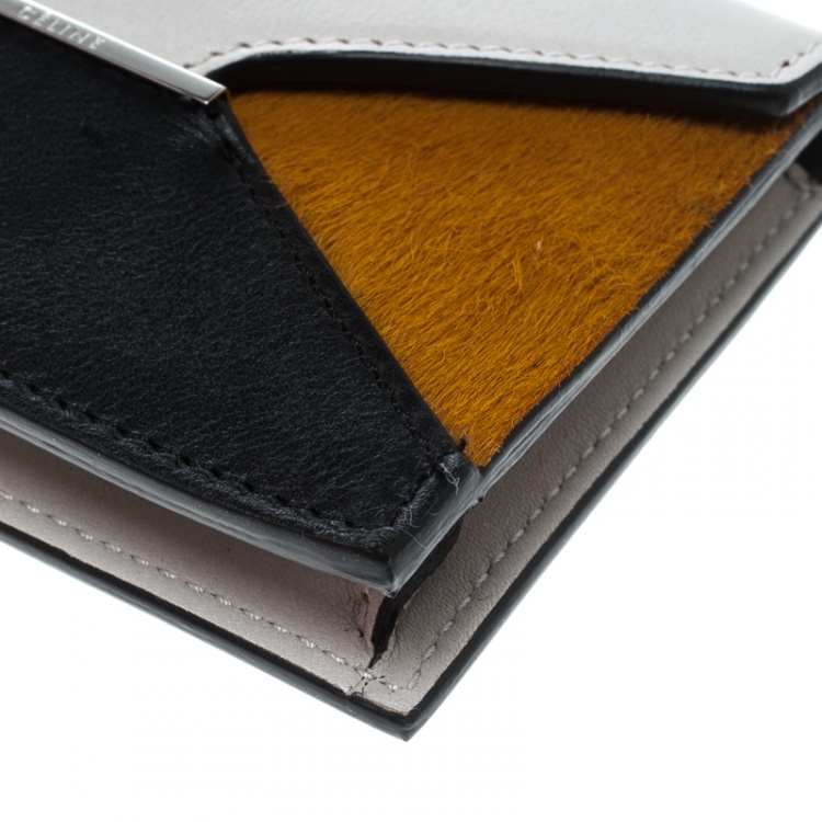 Pre Owned Celine Grey/ Multicolor Leather and Calf Hair Diamond Card Case